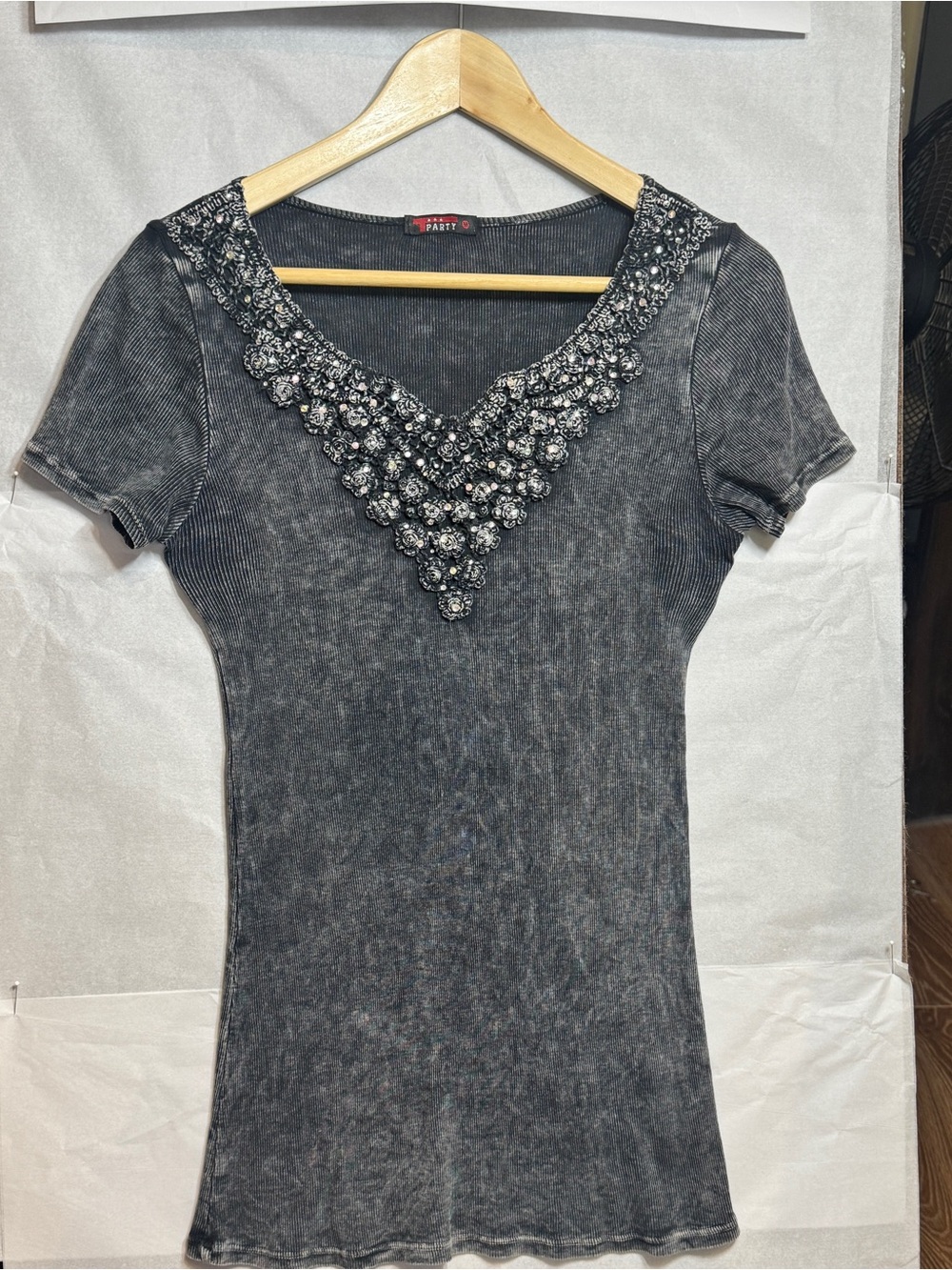 Vintage Y2K Grunge Glam Acid Wash Rhinestone Ribbed Top